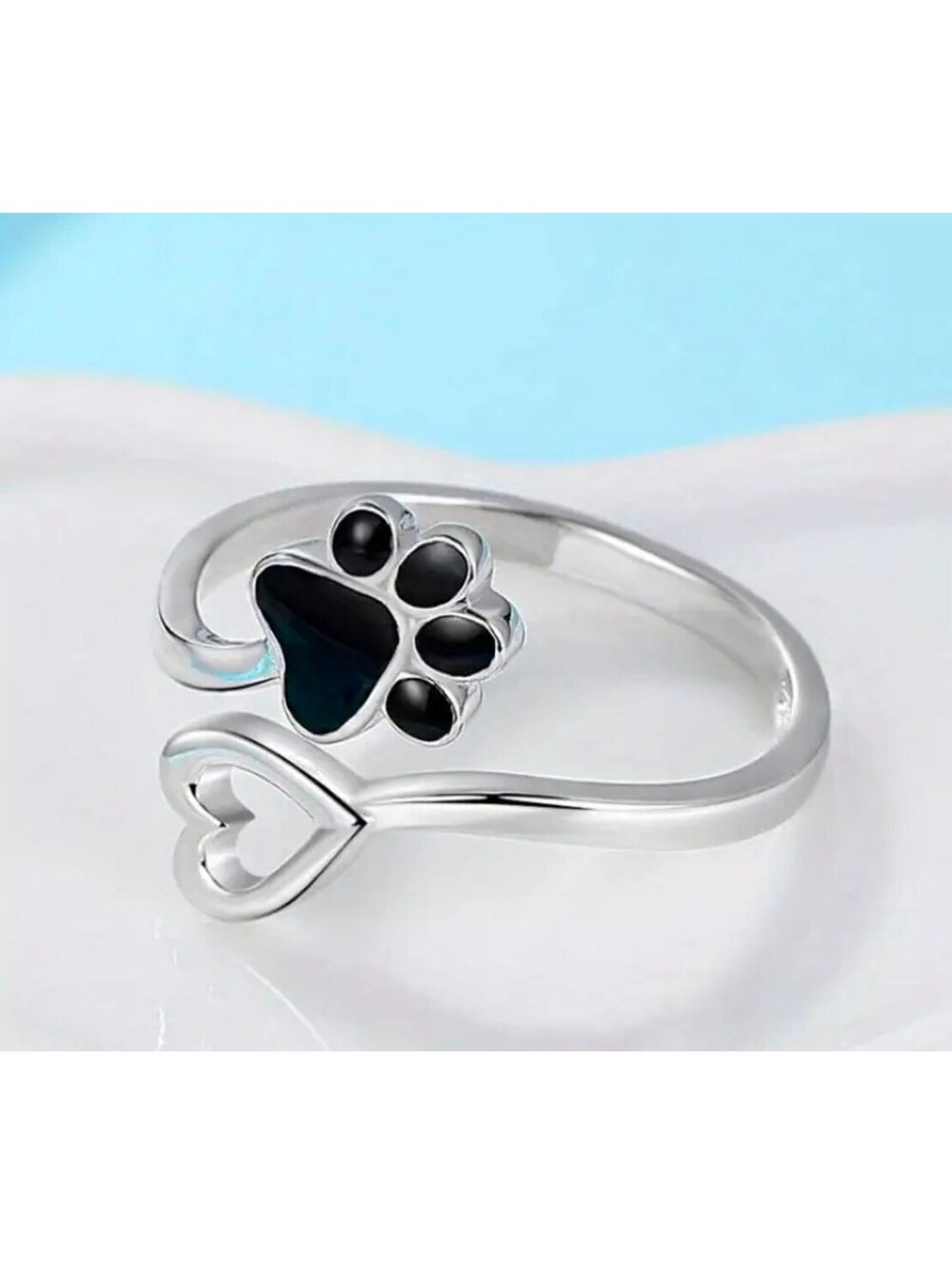 New - Adjustable Silver Paw Print & Heart Ring